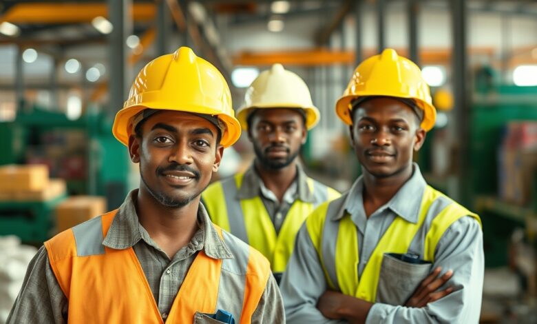 Trabalhadores e jovens operários em ambiente fabril e logístico representando a produtividade económica industrial.