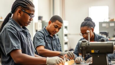 Jovens estudantes realizam trabalho técnico prático em oficina moderna durante formação profissional especializada.