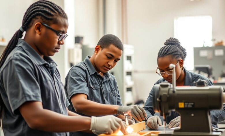 Jovens estudantes realizam trabalho técnico prático em oficina moderna durante formação profissional especializada.