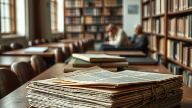 Documentos antigos e pastas de arquivo histórico dispostos sobre mesa de madeira numa biblioteca de pesquisa