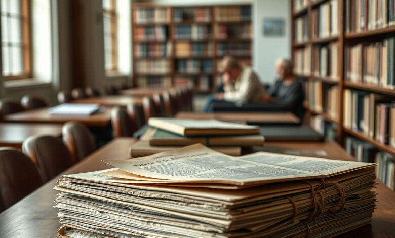 Documentos antigos e pastas de arquivo histórico dispostos sobre mesa de madeira numa biblioteca de pesquisa