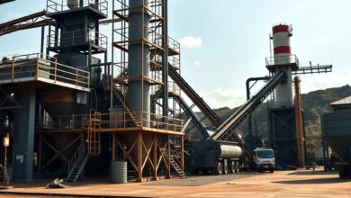 Instalações industriais modernas de processamento mineral e maquinaria pesada em operação sob céu limpo.