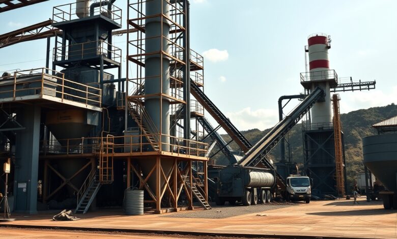 Instalações industriais modernas de processamento mineral e maquinaria pesada em operação sob céu limpo.