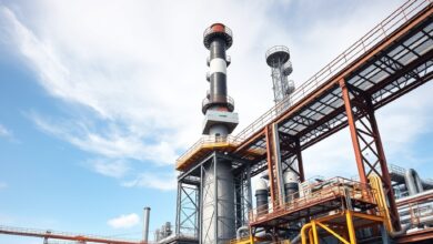 Instalações industriais modernas de processamento com infraestruturas metálicas e tanques de armazenamento sob céu claro.