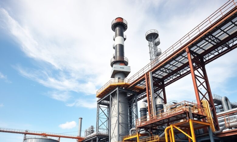 Instalações industriais modernas de processamento com infraestruturas metálicas e tanques de armazenamento sob céu claro.