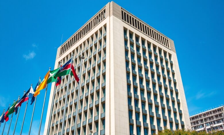 Edifício sede das Nações Unidas em Genebra com bandeiras internacionais hasteadas sob céu azul límpido.