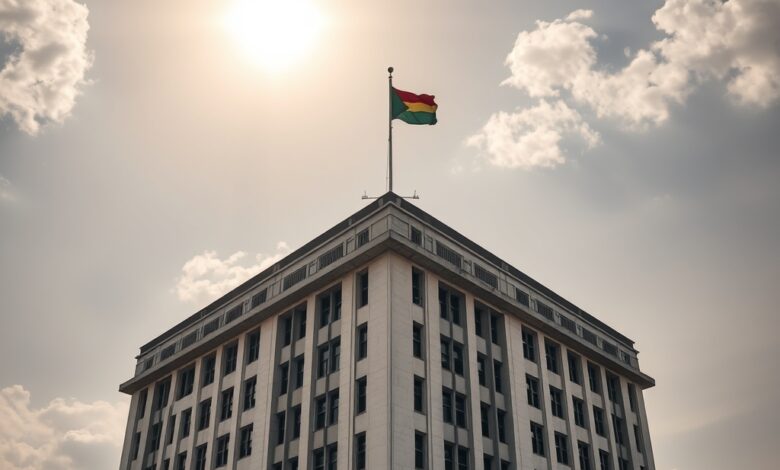 Edifício governamental em Maputo sob céu límpido com bandeira nacional hasteada em mastro solene ao entardecer.