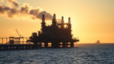 Plataforma industrial de energia e gás natural no mar com céu aberto ao pôr do sol.