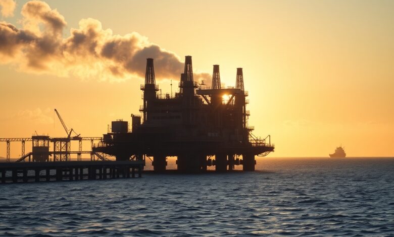 Plataforma industrial de energia e gás natural no mar com céu aberto ao pôr do sol.