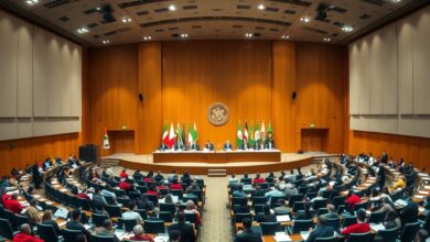 Sala de conferências internacional iluminada com bandeiras de várias nações dispostas em semicírculo diplomático