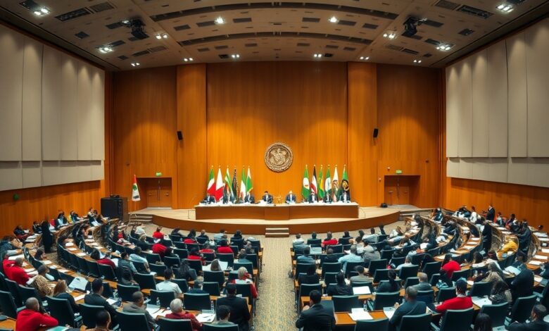 Sala de conferências internacional iluminada com bandeiras de várias nações dispostas em semicírculo diplomático