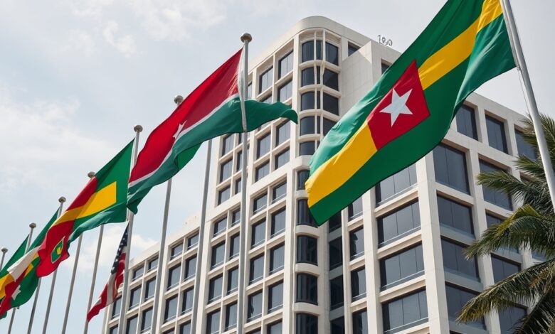 Edifício moderno com bandeiras internacionais ondulando ao vento durante uma cimeira diplomática e económica global.