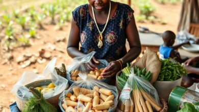 Cesto com produtos agrícolas frescos e nutritivos numa mesa de madeira em comunidade rural africana.