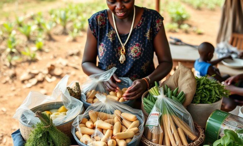 Cesto com produtos agrícolas frescos e nutritivos numa mesa de madeira em comunidade rural africana.