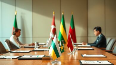 Mesa de conferência diplomática formal com pastas de documentos oficiais e bandeiras representativas de cooperação institucional.
