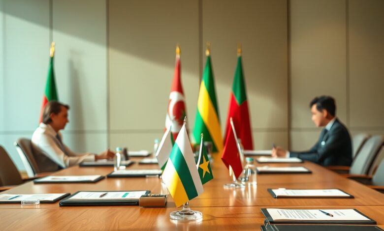 Mesa de conferência diplomática formal com pastas de documentos oficiais e bandeiras representativas de cooperação institucional.