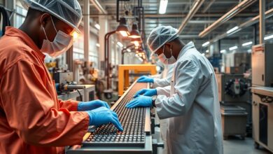Linha de montagem industrial com frascos de soro fisiológico numa moderna unidade farmacêutica em Moçambique.