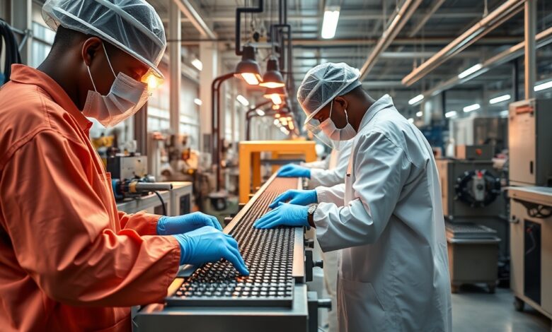 Linha de montagem industrial com frascos de soro fisiológico numa moderna unidade farmacêutica em Moçambique.