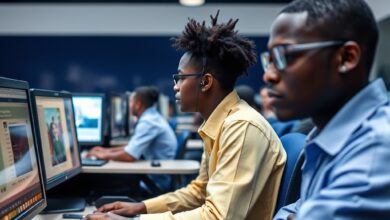 Estudantes em sala de aula tecnológica utilizando computadores e dispositivos digitais para aprendizagem interactiva.