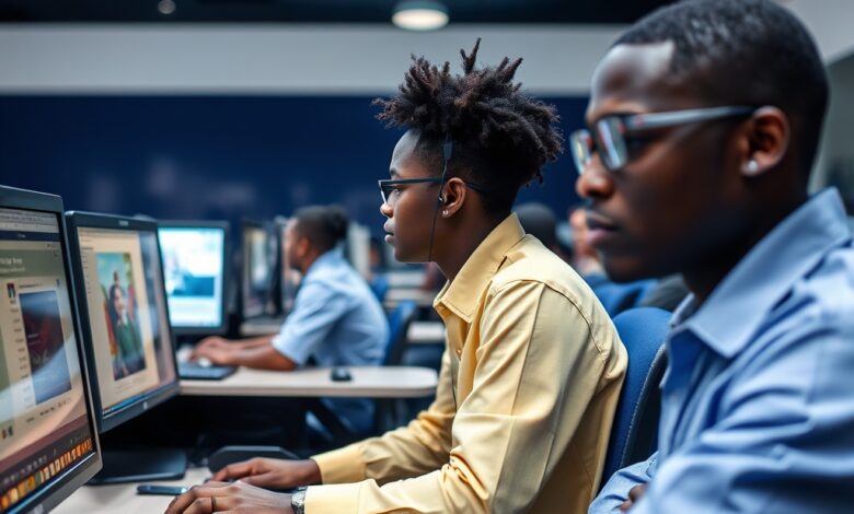 Estudantes em sala de aula tecnológica utilizando computadores e dispositivos digitais para aprendizagem interactiva.