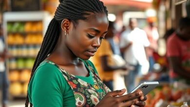 Pessoa a utilizar telemóvel para realizar pagamentos digitais num mercado vibrante em Moçambique.