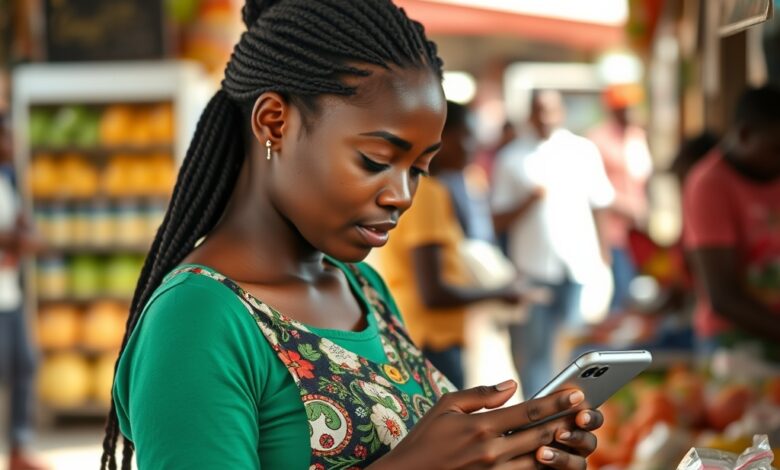 Pessoa a utilizar telemóvel para realizar pagamentos digitais num mercado vibrante em Moçambique.