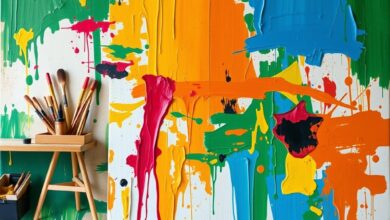 Pintura a óleo abstrata sobre cavalete em ateliê artístico com pincéis e tintas coloridas.