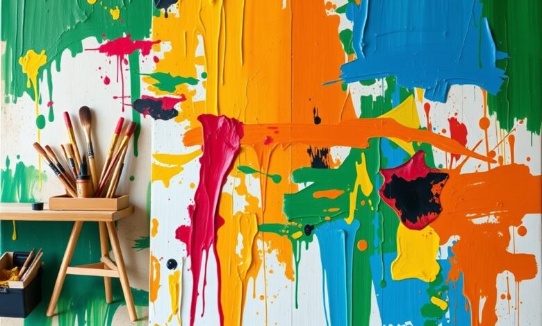 Pintura a óleo abstrata sobre cavalete em ateliê artístico com pincéis e tintas coloridas.