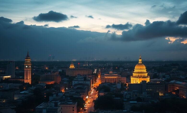 Vista panorâmica da silhueta urbana de Moscovo ao amanhecer com céu nublado e iluminação citadina ténue
