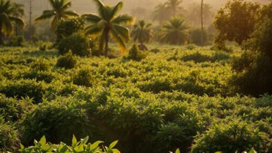 Campos agrícolas e vegetação densa em zona rural de Moçambique sob luz natural matinal serena.