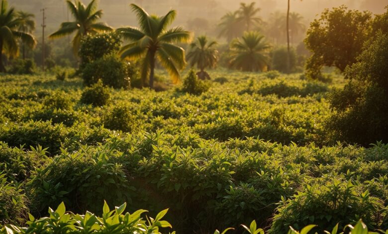 Campos agrícolas e vegetação densa em zona rural de Moçambique sob luz natural matinal serena.