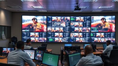Ecrãs de monitorização digital em sala de controlo tecnológico para protecção de transmissões audiovisuais e direitos desportivos.