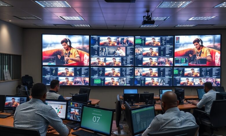 Ecrãs de monitorização digital em sala de controlo tecnológico para protecção de transmissões audiovisuais e direitos desportivos.