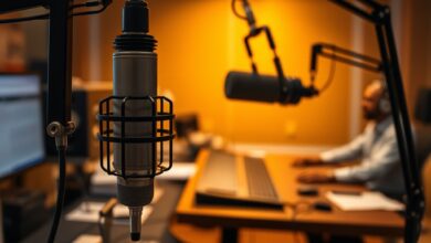 Microfone de estudio de radio profissional iluminado com mesa de mistura e auscultadores ao fundo