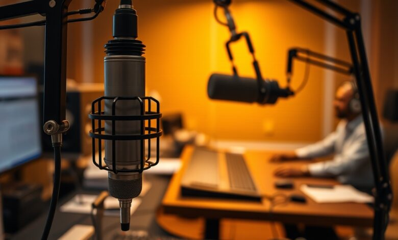 Microfone de estudio de radio profissional iluminado com mesa de mistura e auscultadores ao fundo