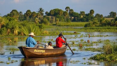 Biólogos em pequeno barco resgatando fauna silvestre em floresta inundada perto de grande represa.