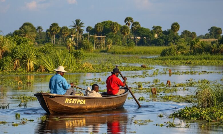 Biólogos em pequeno barco resgatando fauna silvestre em floresta inundada perto de grande represa.