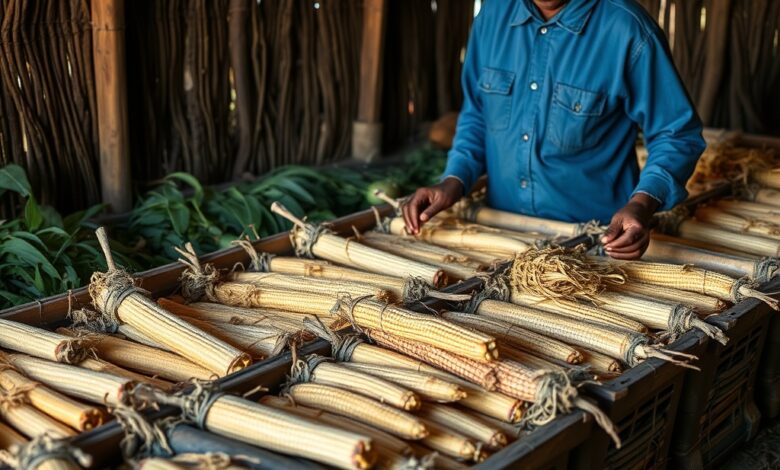 Sacos de juta com amendoim seco armazenados em armazém agrícola rural com iluminação suave e natural.