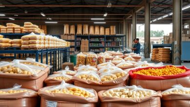 Sacas de cereais armazenadas num entreposto comercial de grande dimensão para distribuição alimentar.