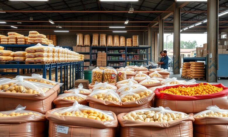 Sacas de cereais armazenadas num entreposto comercial de grande dimensão para distribuição alimentar.