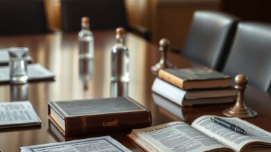 Mesa de conferência com livros jurídicos encadernados e documentos oficiais sobre direito administrativo estatal moçambicano