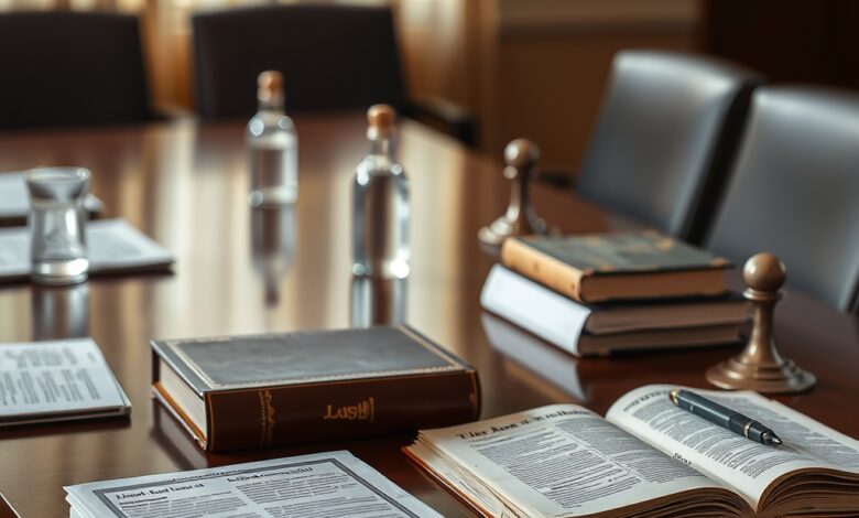 Mesa de conferência com livros jurídicos encadernados e documentos oficiais sobre direito administrativo estatal moçambicano