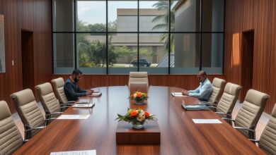 Documentos e contratos de compras públicas sobre uma mesa de reunião num gabinete administrativo moderno.