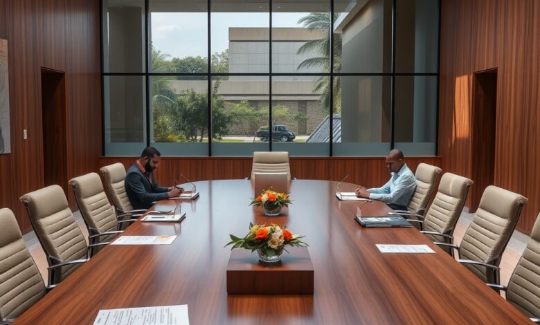 Documentos e contratos de compras públicas sobre uma mesa de reunião num gabinete administrativo moderno.