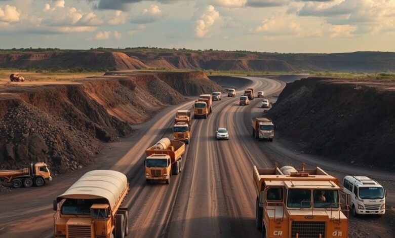 Vista panorâmica de uma mina a céu aberto com camiões de transporte e maquinaria pesada em Moçambique.