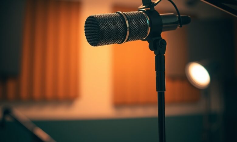 Microfone de estúdio profissional iluminado por luz ténue num ambiente moderno de gravação de música urbana.