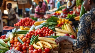 Produtos agrícolas frescos expostos num mercado comunitário em Moçambique destacando a diversidade alimentar local
