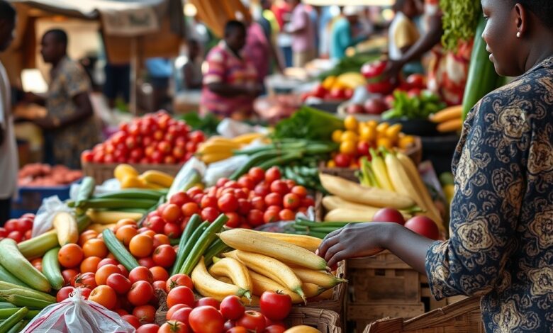 Produtos agrícolas frescos expostos num mercado comunitário em Moçambique destacando a diversidade alimentar local