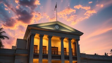 Fachada iluminada de tribunal de justiça com colunas imponentes sob céu crepuscular refletindo solene sobriedade institucional