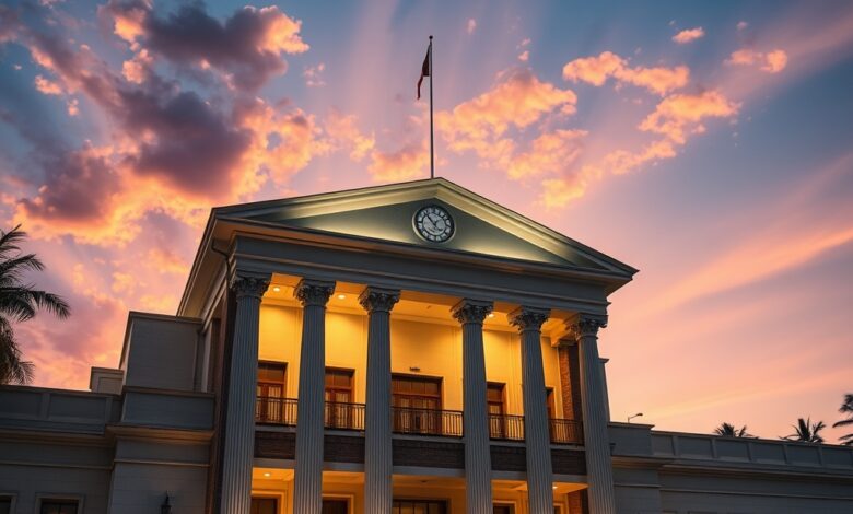 Fachada iluminada de tribunal de justiça com colunas imponentes sob céu crepuscular refletindo solene sobriedade institucional